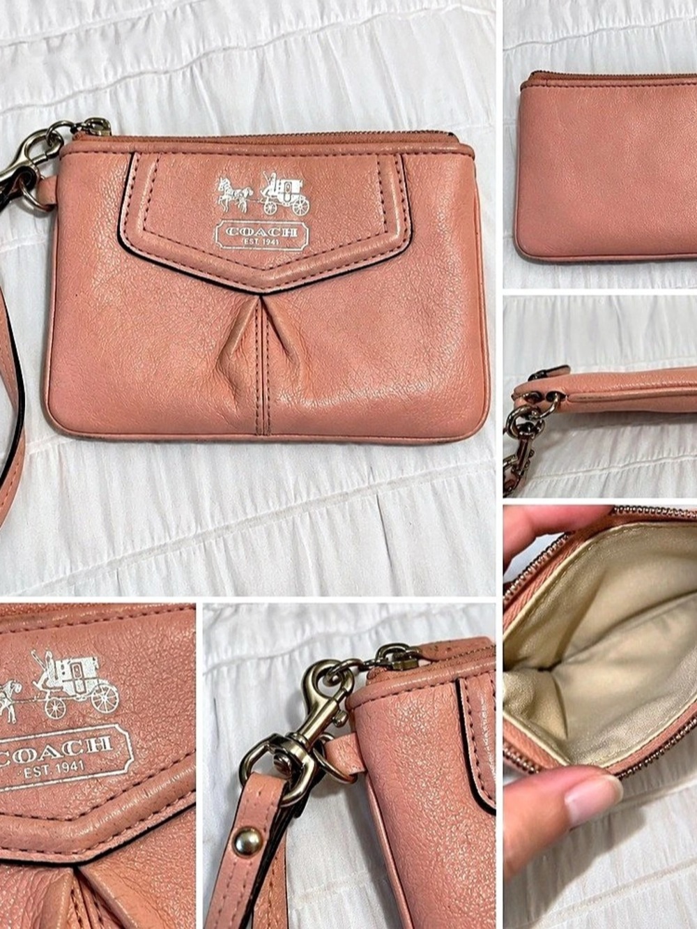 Coach Pink Leather Wristlet Clutch Zip Pouch Detachable Strap